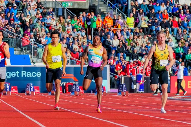Athletics Bislett Games 2026 Oslo 20260610 Per Tinius Fremstad Waldron won ahead of Salum Ageze Kashafali and Jacob Vaula in the mens 100m national event at the Bislett Games at Bislett Stadium in Oslo Photo Heiko Junge NTB Oslo Norway EDITORIAL USE ONLY RESTRICTED USE FOR BETTING COMPANIES  Copyright: xHeikoxJungex xNTBx