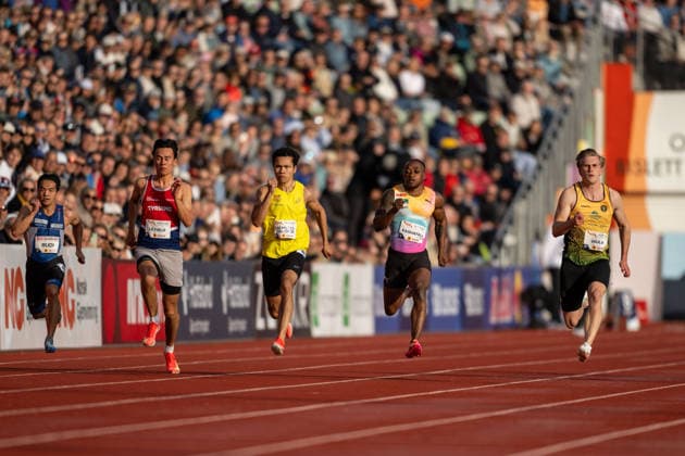260610 Markus Le Fjeld, Per Fremstad Waldron, Salum Kashafali and Jacob Vaula of Norway compete in men™s 100 meter national final during the Diamond League athletics competition Bislett Games on June 10, 2026 in Oslo Photo Marius Simensen BILDBYRAN COP 238 MM0071 bbeng friidrett friidrott athletics diamond league bislett games 2026 bislett games norge norway  Copyright: MARIUSxSIMENSEN BB260610BB547