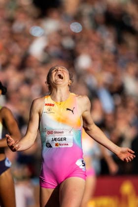 260610 Henriette Jaeger of Norway after women™s 400 meter final during the Diamond League athletics competition Bislett Games on June 10, 2026 in Oslo Photo Marius Simensen BILDBYRAN COP 238 MM0071 bbeng friidrett friidrott athletics diamond league bislett games 2026 bislett games norway jubel  Copyright: MARIUSxSIMENSEN BB260610BB561