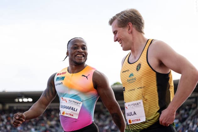 260610 Salum Kashafali and Jacob Vaula of Norway after competing in men™s 100 meter national final during the Diamond League athletics competition Bislett Games on June 10, 2026 in Oslo Photo Marius Simensen BILDBYRAN COP 238 MM0071 bbeng friidrett friidrott athletics diamond league bislett games 2026 bislett games norge norway  Copyright: MARIUSxSIMENSEN BB260610BB567