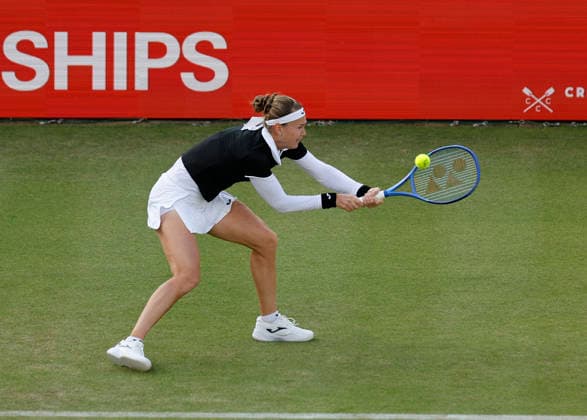 RECORD DATE NOT STATED 10th June 2026; HSBC Championships, Queens Club, West Kensington, London, England; HSBC Championships Tennis, Day One; Marie Bouzkova (CZE) plays a backhand shot against Donna Vekic (CRO) HongboxChen