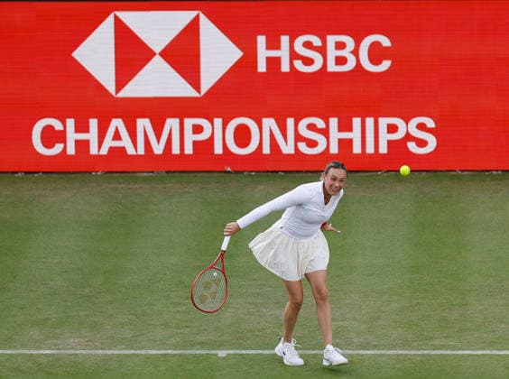 RECORD DATE NOT STATED 10th June 2026; HSBC Championships, Queens Club, West Kensington, London, England; HSBC Championships Tennis, Day One; Donna Vekic (CRO) plays a backhand shot against Marie Bouzkova (CZE) HongboxChen