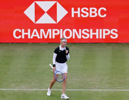 RECORD DATE NOT STATED 10th June 2026; HSBC Championships, Queens Club, West Kensington, London, England; HSBC Championships Tennis, Day One; Marie Bouzkova (CZE) shows emotion in the match against Donna Vekic (CRO) HongboxChen