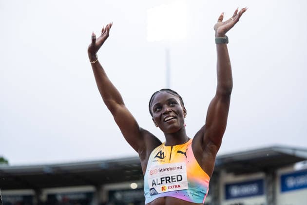 260610 Julien Alfred of Saint Lucia celebrates after women™s 100 meter final during the Diamond League athletics competition Bislett Games on June 10, 2026 in Oslo Photo Marius Simensen BILDBYRAN COP 238 MM0071 bbeng friidrett friidrott athletics diamond league bislett games 2026 bislett games norge norway jubel  Copyright: MARIUSxSIMENSEN BB260610BB677