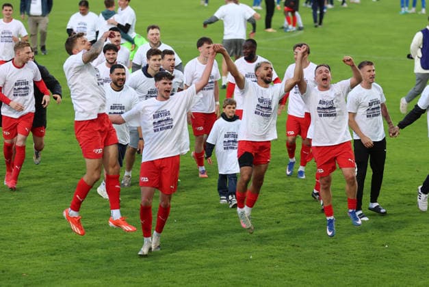 10 06 2026, Football relegation to Regionalliga Südwest, FK Pirmasens VfR Mannheim, v l , Mannheim players jubilantly cheering celebrate promotion DFL DFB REGULATIONS PROHIBIT ANY USE OF PHOTOGRAPHS AS IMAGE SEQUENCES AND OR QUASI VIDEO xdcx Copyright: HMBxMedia Claus