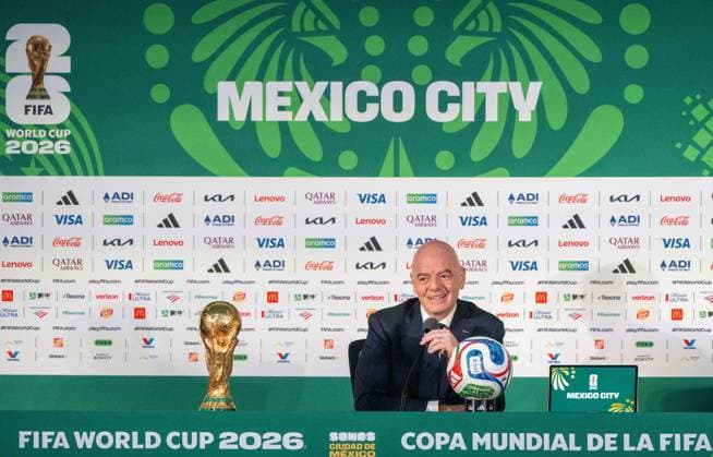 Soccer, Men, 2025 26 season, FIFA Word Cup 2026 in Mexico, Canada and USA, Mexico City one day local time before the opening match, in the picture press conference with FIFA President Gianni Infantino in the media center at the Azteca Stadium, 10 06 2026, Copyright: xMatthiasxKochx