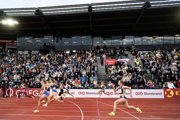 260610 General view of women™s 100 meter final during the Diamond League athletics competition Bislett Games on June 10, 2026 in Oslo Photo Jon Olav Nesvold BILDBYRAN COP 217 MM0071 bbeng friidrett friidrott athletics diamond league bislett games 2026 bislett games norge norway Helene Ronningen of Norway  Copyright: JONxOLAVxNESVOLD BB260610JE053