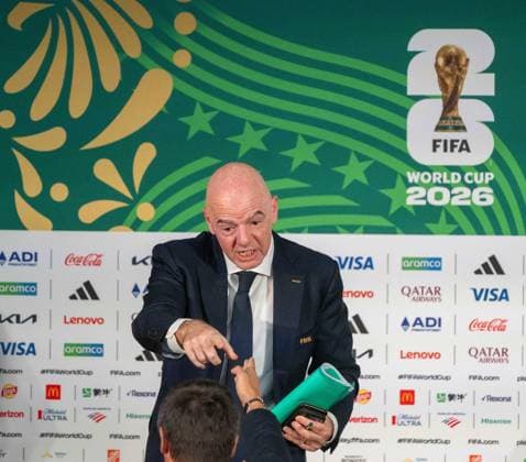 Soccer, men, 2025 26 season, FIFA Word Cup 2026 in Mexico, Canada and USA, Mexico City one day local time before the opening match, in the picture press conference with FIFA President Gianni Infantino in the media center at the Azteca Stadium, 10 06 2026, Copyright: xMatthiasxKochx