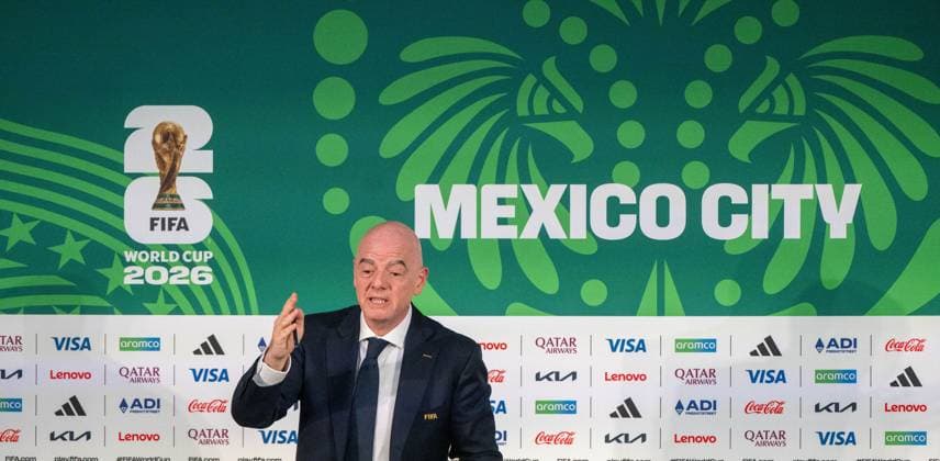 Soccer, Men, 2025 26 season, FIFA Word Cup 2026 in Mexico, Canada and USA, Mexico City one day local time before the opening match, in the picture press conference with FIFA President Gianni Infantino in the media center at the Azteca Stadium, 10 06 2026, Copyright: xMatthiasxKochx