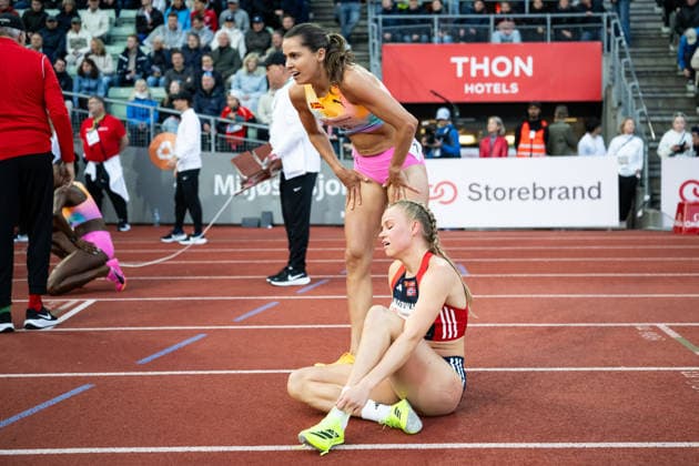 260610 Amalie Iuel and Andrea Rooth of Norway after women™s 400 meter hurdles during the Diamond League athletics competition Bislett Games on June 10, 2026 in Oslo Photo Jon Olav Nesvold BILDBYRAN COP 217 MM0071 bbeng friidrett friidrott athletics diamond league bislett games 2026 bislett games norge norway  Copyright: JONxOLAVxNESVOLD BB260610JE063