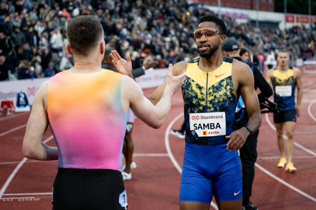 260610 Karsten Warholm of Norway and Abderrahman Samba of Qatar after men™s 400 meter hurdles during the Diamond League athletics competition Bislett Games on June 10, 2026 in Oslo Photo Jon Olav Nesvold BILDBYRAN COP 217 MM0071 bbeng friidrett friidrott athletics diamond league bislett games 2026 bislett games norge norway  Copyright: JONxOLAVxNESVOLD BB260610JE068