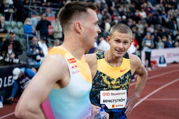 260610 Karsten Warholm of Norway and Carl Bengtström of Sweden after men™s 400 meter hurdles during the Diamond League athletics competition Bislett Games on June 10, 2026 in Oslo Photo Jon Olav Nesvold BILDBYRAN COP 217 MM0071 bbeng friidrett friidrott athletics diamond league bislett games 2026 bislett games norge norway  Copyright: JONxOLAVxNESVOLD BB260610JE069