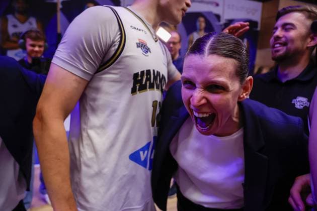 Head coach Gaelle Bouzin Dutch Champions with Landstede Hammers Landstede Hammers v ZZ Leiden, Play-off Final Basketball, Landstede Hammers v ZZ Leiden, Landstede Sportcentrum, June 10, 2026, Zwolle, Netherlands.