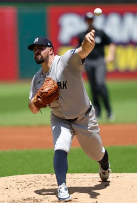 New York Yankees starting pitcher Carlos Rodon (55) pitches in the first inning against the Cleveland Guardians at Progressive Field in Cleveland, Ohio on Wednesday, June 10, 2026.  CLE20260610104 AARONxJOSEFCZYK