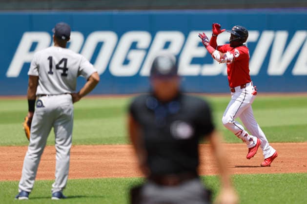 Cleveland Guardians Angel Martinez (1) rounds the bases in the first inning after hitting a home run off New York Yankees starting pitcher Carlos Rodon (55) at Progressive Field in Cleveland, Ohio on Wednesday, June 10, 2026.  CLE20260610106 AARONxJOSEFCZYK