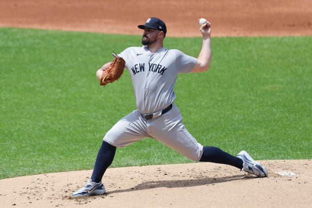 New York Yankees starting pitcher Carlos Rodon (55) pitches in the first inning against the Cleveland Guardians at Progressive Field in Cleveland, Ohio on Wednesday, June 10, 2026.  CLE20260610108 AARONxJOSEFCZYK