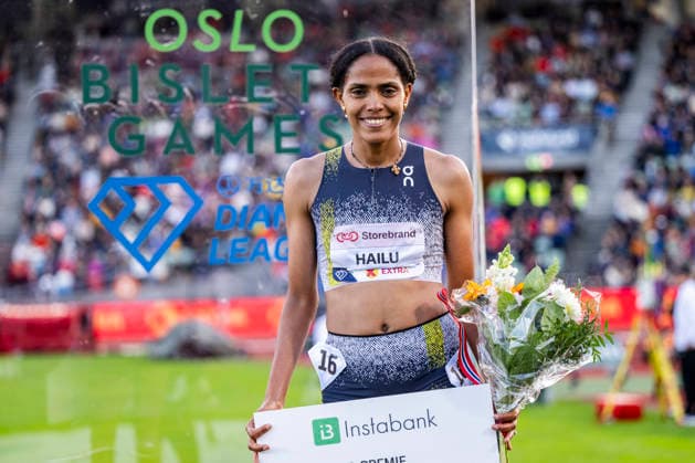 260610 Freweyni Hailu of Ethiopia celebrates on the podium after winning women s 3000 meter during the Diamond League athletics competition Bislett Games on June 10, 2026 in Oslo Photo Jon Olav Nesvold BILDBYRAN COP 217 MM0071 bbeng friidrett friidrott athletics diamond league bislett games 2026 bislett games norge norway dam  Copyright: JONxOLAVxNESVOLD BB260610JE092