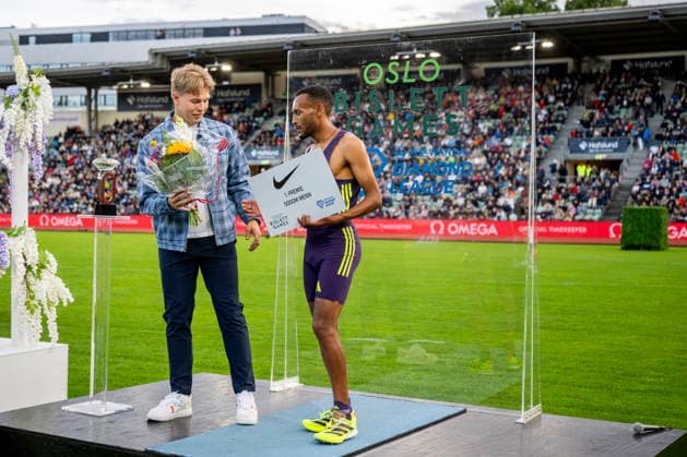 260610 Markus Rooth of Norway and Addisu Yihune of Ethiopia on the podium during the Diamond League athletics competition Bislett Games on June 10, 2026 in Oslo Photo Jon Olav Nesvold BILDBYRAN COP 217 MM0071 bbeng friidrett friidrott athletics diamond league bislett games 2026 bislett games norge norway  Copyright: JONxOLAVxNESVOLD BB260610JE100
