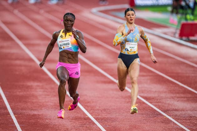 Wanda Diamond League Oslo OSLO, DF - 10.06.2026: WANDA DIAMOND LEAGUE OSLO - Julien Alfred dominates the 100m sprint at the Wanda Diamond League Oslo event at Bislett Stadion, Norway. (Photo: Adam Escada Fotoarena) x2959630x  AdamxEscada