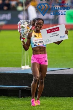 Wanda Diamond League Oslo OSLO, DF - 10.06.2026: WANDA DIAMOND LEAGUE OSLO - Julien Alfred celebrates another victory during the Wanda Diamond League Oslo stage at Bislett Stadion, Norway. (Photo: Adam Escada Fotoarena) x2959635x  AdamxEscada