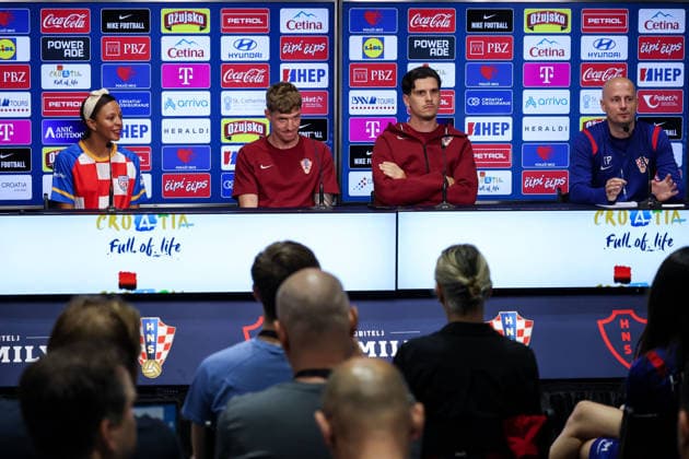 Croatia Training And press conference, PK, Pressekonferenz - FIFA World Cup, WM, Weltmeisterschaft, Fussball 2026 Kristijan Jakic Of Croatia, Igor Matanovic of Croatia and Head of communications at Croatian Football Federation Tomislav Pacak attend a press conference at training centre at Episcopal High School on June 10, 2026 in Alexandria, Virginia.  IgorxKralj PIXSELL