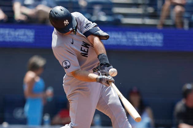 New York Yankees Paul Goldschmidt (48) breaks his bat during the fifth inning against the Cleveland Guardians at Progressive Field in Cleveland, Ohio on Wednesday, June 10, 2026.  CLE20260610123 AARONxJOSEFCZYK