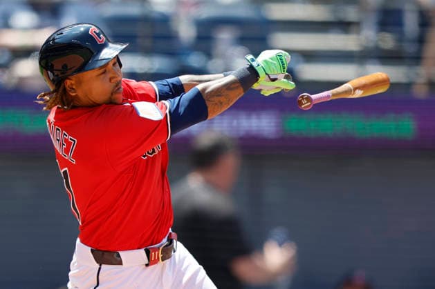 Cleveland Guardians Jose Ramirez (11) loses his bat on a swing against the New York Yankees in the fifth inning at Progressive Field in Cleveland, Ohio on Wednesday, June 10, 2026.  CLE20260610125 AARONxJOSEFCZYK