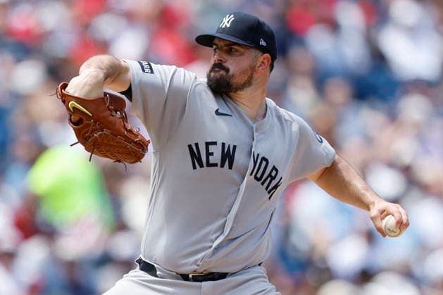 New York Yankees starting pitcher Carlos Rodon (55) pitches in the second inning against the Cleveland Guardians at Progressive Field in Cleveland, Ohio on Wednesday, June 10, 2026.  CLE20260610118 AARONxJOSEFCZYK