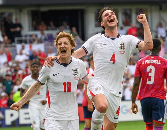 10 June 2026 - England v Costa Rica - Pre World Cup Friendly - Inter&Co Stadium - Orlando - Florida - USA. England v Costa Rica - Pre World Cup Friendly - Inter&Co Stadium - Orlando - Florida - USA. Declan Rice celebrates his goal for England. Picture : Mark Pain ORLANDO USA  Copyright: xMarkxPainx