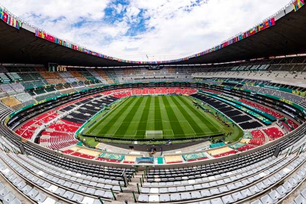Fußball, FIFA WM 2026, Eindrücke vom Aztekenstadion am Vortag des Eröffnungssspiels in Mexiko-Stadt MEXICO CITY, MEXICO - JUNE 10: A general view of Mexico City Stadium on June 10, 2026 in Mexico City, Mexico. Mexico City Stadium has been confirmed as the venue for the opening fixture of the FIFA World Cup, WM, Weltmeisterschaft, Fussball 2026 on June 11, becoming the first stadium to host three FIFA World Cup opening matches.  Copyright: xVCGx 111647485704