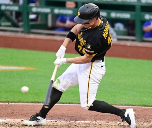 Baseball, MLB, Pittsburgh Pirates - Los Angeles Dodgers Pittsburgh Pirates left fielder Jake Mangum (28) doubles in the fourth inning against the Los Angeles Dodgers in the fourth inning at PNC Park on Wednesday, June 10, 2026 in Pittsburgh.  PIT2026061016 ArchiexCarpenter