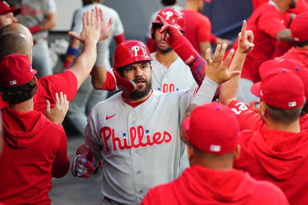 June 10, 2026, Toronto, On, CAN: Philadelphia Phillies Kyle Schwarber (12) celebrates in the dug out after hitting a two run home run off Toronto Blue Jays pitcher Mason Fluharty (68) during fourth inning MLB, Baseball Herren, USA baseball action in Toronto on Wednesday June 10, 2026. Canada News - June 10, 2026  - ZUMAc35_ 20260610_zaf_c35_194 Copyright: xChrisxYoungx