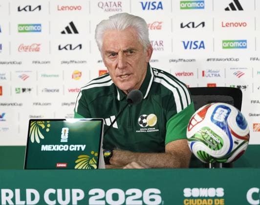 Football: 2026 World Cup South African football team head coach Hugo Broos speaks during a press conference, PK, Pressekonferenz in Mexico City on June 10, 2026, the eve of the World Cup opener against Mexico.  A14AA0005618322P
