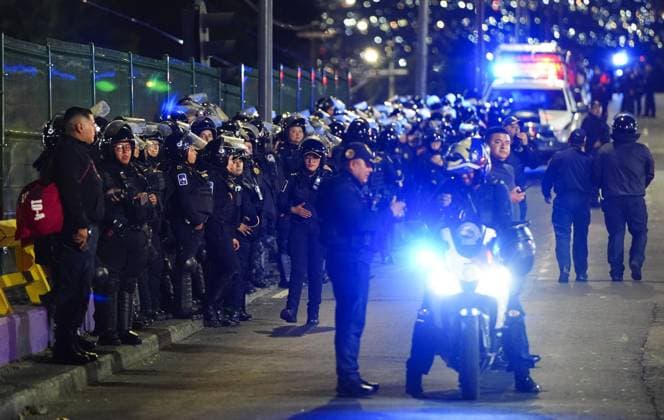 Football: 2026 World Cup Police officers patrol near Mexico City Stadium in Mexico City on June 10, 2026, the eve of the World Cup opener between Mexico and South Africa.  A14AA0005618361P