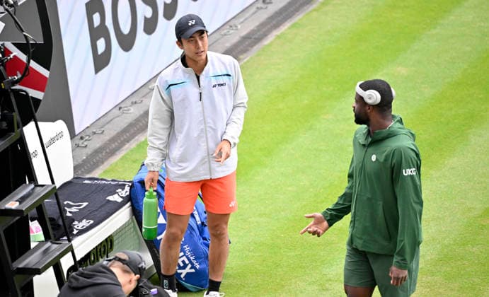 Frances Tiafoe USA in conversation Discussion with Rinky Hijikata AUS decide on rain break Tennis Men BOSS Open ATP 250 Stuttgart 2026 Weissenhof BOSS Open ATP 250 Stuttgart 2026