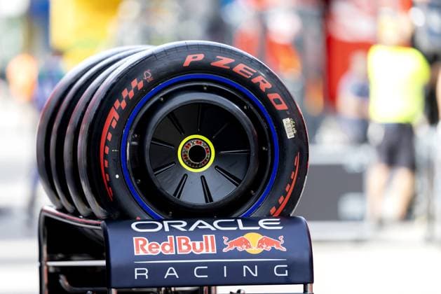 BARCELONA - Pirelli tires for Max Verstappen (Red Bull Racing) in the paddock of the Circuit de Barcelona-Catalunya during the media day leading up to the Barcelona Grand Prix. SANDER KONING ANP xVIxANPxSportx xxANPxIVx 560729069 originalFilename: 560729069.jpg