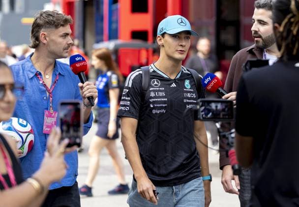 BARCELONA - George Russell (Mercedes) is interviewed by Sky Sports at the Circuit de Barcelona-Catalunya during the media day leading up to the Barcelona Grand Prix. SANDER KONING ANP xVIxANPxSportx xxANPxIVx 560729096 originalFilename: 560729096.jpg