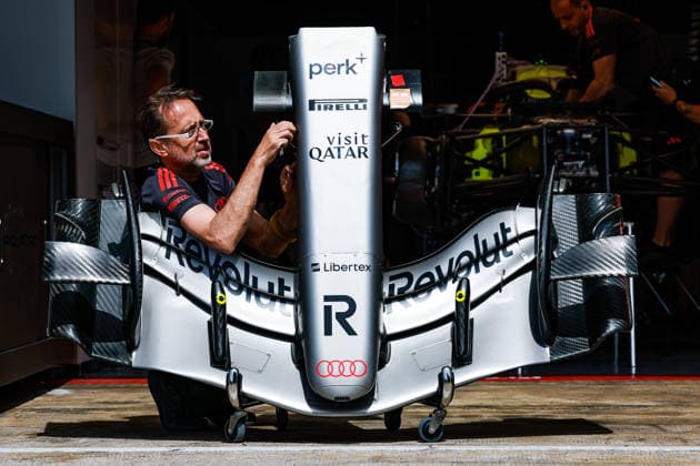 F1 - BARCELONA-CATALUNYA GRAND PRIX 2026 Audi F1 Team R26, mechanical detail mechanic working on front wing during the Formula 1 Barcelona-Catalunya Grand Prix 2026, 7th round of the 2026 Formula One World Championship, WM, Weltmeisterschaft from June 12 to 14, 2026 on the Circuit de Barcelona-Catalunya, in Montmelo, Spain - MontmeloSpain  Copyright: xFLORENTxGOODENx