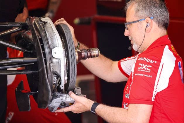 F1 - BARCELONA-CATALUNYA GRAND PRIX 2026 Scuderia Ferrari SF-26, mechanical detail front suspension brakes, freins, Carbon Industries mechanic, mecanicien, mechanics during the Formula 1 Barcelona-Catalunya Grand Prix 2026, 7th round of the 2026 Formula One World Championship, WM, Weltmeisterschaft from June 12 to 14, 2026 on the Circuit de Barcelona-Catalunya, in Montmelo, Spain - MontmeloSpain  Copyright: xXavixBonillax