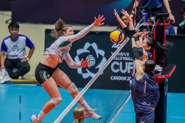 (260611) -- ILOCOS SUR PROVINCE, June 11, 2026 -- Caitlin Bettenay (L) of Australia spikes during the pool A match between South Korea and Australia at the 2026 AVC Women s Cup in Ilocos Sur Province, the Philippines, on June 11, 2026. ) (SP)THE PHILIPPINES-ILOCOS SUR PROVINCE-VOLLEYBALL-AVC WOMEN S CUP RouellexUmali 