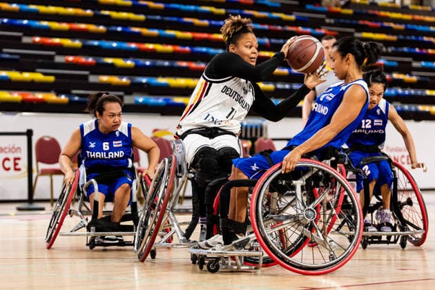 GUADALAJARA, SPAIN - JUNE 11: Roli-Ann Neubauer (Germany, 11) controls the ball against Natnapa Ponin (Thailand, 8) during the 2026 IWBF Women™s Repechage match between Germany vs. Thailand at Palacio Multiusos de Guadalajara on June 11, 2026 in Guadalajara, Spain. Spain Copyright: xSteffiexWunderlx