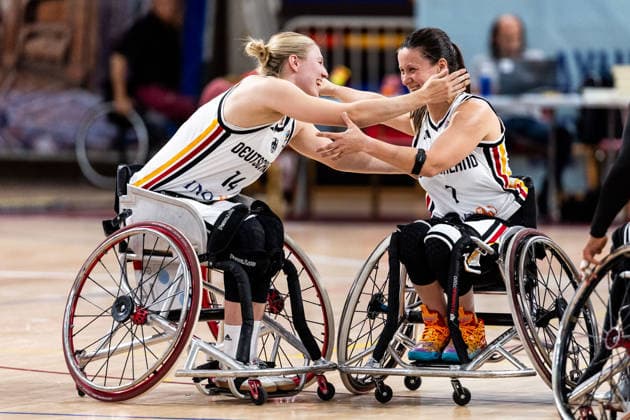 GUADALAJARA, SPAIN - JUNE 11: Lilly-Rose Sellak (Germany, 14) and Anne Patzwald (Germany, 7) hug smiling after winning and qualifying for the World Cup during the 2026 IWBF Women™s Repechage match between Germany vs. Thailand at Palacio Multiusos de Guadalajara on June 11, 2026 in Guadalajara, Spain. Spain Copyright: xSteffiexWunderlx