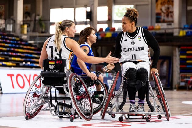 GUADALAJARA, SPAIN - JUNE 11: Svenja Mayer (Germany, 13) and Roli-Ann Neubauer (Germany, 11) high five during the 2026 IWBF Women™s Repechage match between Germany vs. Thailand at Palacio Multiusos de Guadalajara on June 11, 2026 in Guadalajara, Spain. Spain Copyright: xSteffiexWunderlx