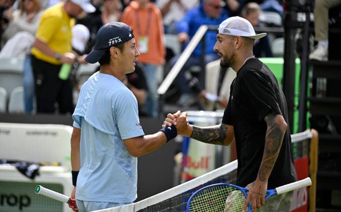 after the end of the match Nick Kyrgios AUS gratulerit Sho Shimabukuro JPN to win the match Tennis Men BOSS Open ATP 250 Stuttgart 2026 Weissenhof BOSS Open ATP 250 Stuttgart 2026