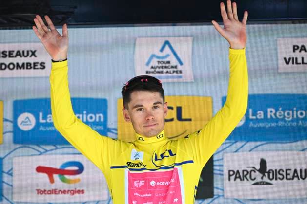 Tour Auvergne - Rhone-Alpes 2026 Stage 5 PARC DES OISEAUX - VILLARS-LES-DOMBES, FRANCE - JUNE 11 : Baudin Alex (FRA) of EF Education - Easypost pictured with the yellow jersey during the podium ceremony of stage 5 of the 78th edition of Tour Auvergne - Rhone-Alpes an UCI World Tour 2.UWT cycling road race stage for Men Elite of 195.8 km with start in Saint-Chamond and finish in Parc des Oiseaux - Villars-les-Dombes on June 11, 2026 in Parc des Oiseaux - Villars-les-Dombes, France, 11 06 2026 ( Motordriver Guy De Vuyst - Parc des Oiseaux - Villars-les-Dombes France  Copyright: xVincentxKalutx