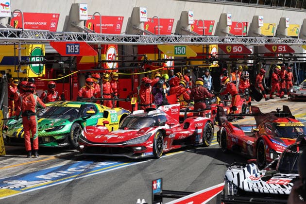 Mike Conway GBR Kamui Kobayashi JPN Nyck de Vries NED Toyota GR010 Hybrid 7 pushes through the red light of the pit exit waiting race cars, 3 free practice, 24 Hours of Le Mans Race, France, WEC World Endurance Championship, 11 06 2026, Interruption due to accident and red flag