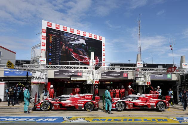 Mike Conway GBR Kamui Kobayashi JPN Nyck de Vries NED Toyota GR010 Hybrid 7 and Sebastian Buemi SUI Brendon Hartley NZL Ryo Hirakawa JPN Toyota GR010 Hybrid 8 in front of the pits, 3 free practice sessions, 24 Hours of Le Mans Race, France, WEC World Endurance Championship, 11 06 2026