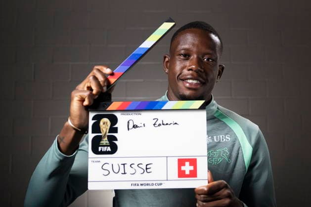 FIFA World Cup, WM, Weltmeisterschaft, Fussball 2026 - Switzerland press conference, PK, Pressekonferenz Switzerland s Denis Zakaria holds a film clapperboard at the start of an interview with the FIFA after a press conference of the Swiss national soccer team at the SDJA in San Diego, California, USA, 11 June 2026, ahead of the 2026 FIFA World Cup soccer tournament. San Diego United States  Copyright: xPETERxKLAUNZERx