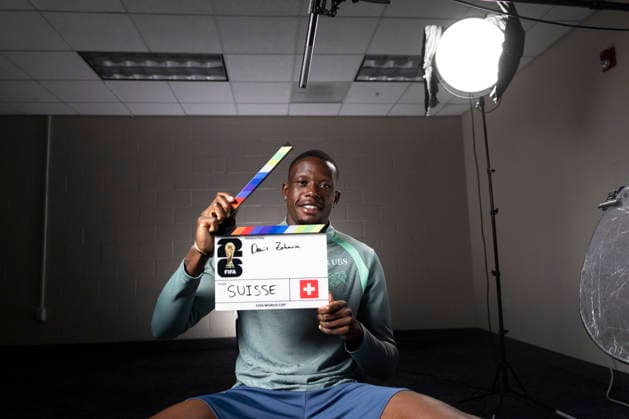 FIFA World Cup, WM, Weltmeisterschaft, Fussball 2026 - Switzerland press conference, PK, Pressekonferenz Switzerland s Denis Zakaria holds a film clapperboard at the start of an interview with the FIFA after a press conference of the Swiss national soccer team at the SDJA in San Diego, California, USA, 11 June 2026, ahead of the 2026 FIFA World Cup soccer tournament. San Diego United States  Copyright: xPETERxKLAUNZERx