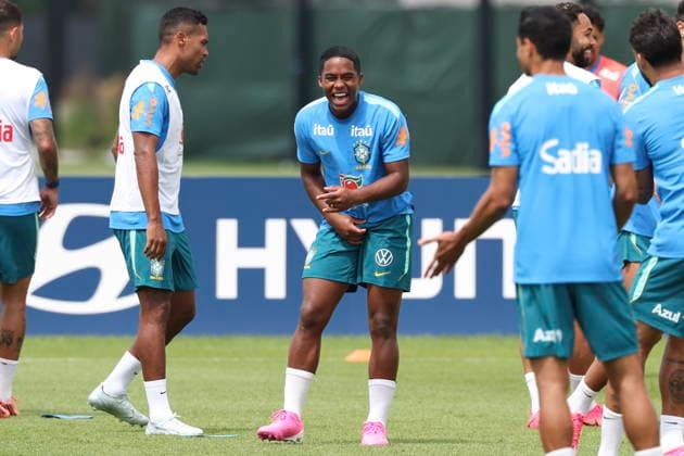 FIFA World Cup, WM, Weltmeisterschaft, Fussball 2026 - Brazil training session Endrick (C) of Brazil reacts during a training session of the national soccer team for the FIFA World Cup 2026 at Columbia Park in Morristown, New Jersey, USA, 11 June 2026. Morristown United States  Copyright: xSebastiaoxMoreirax